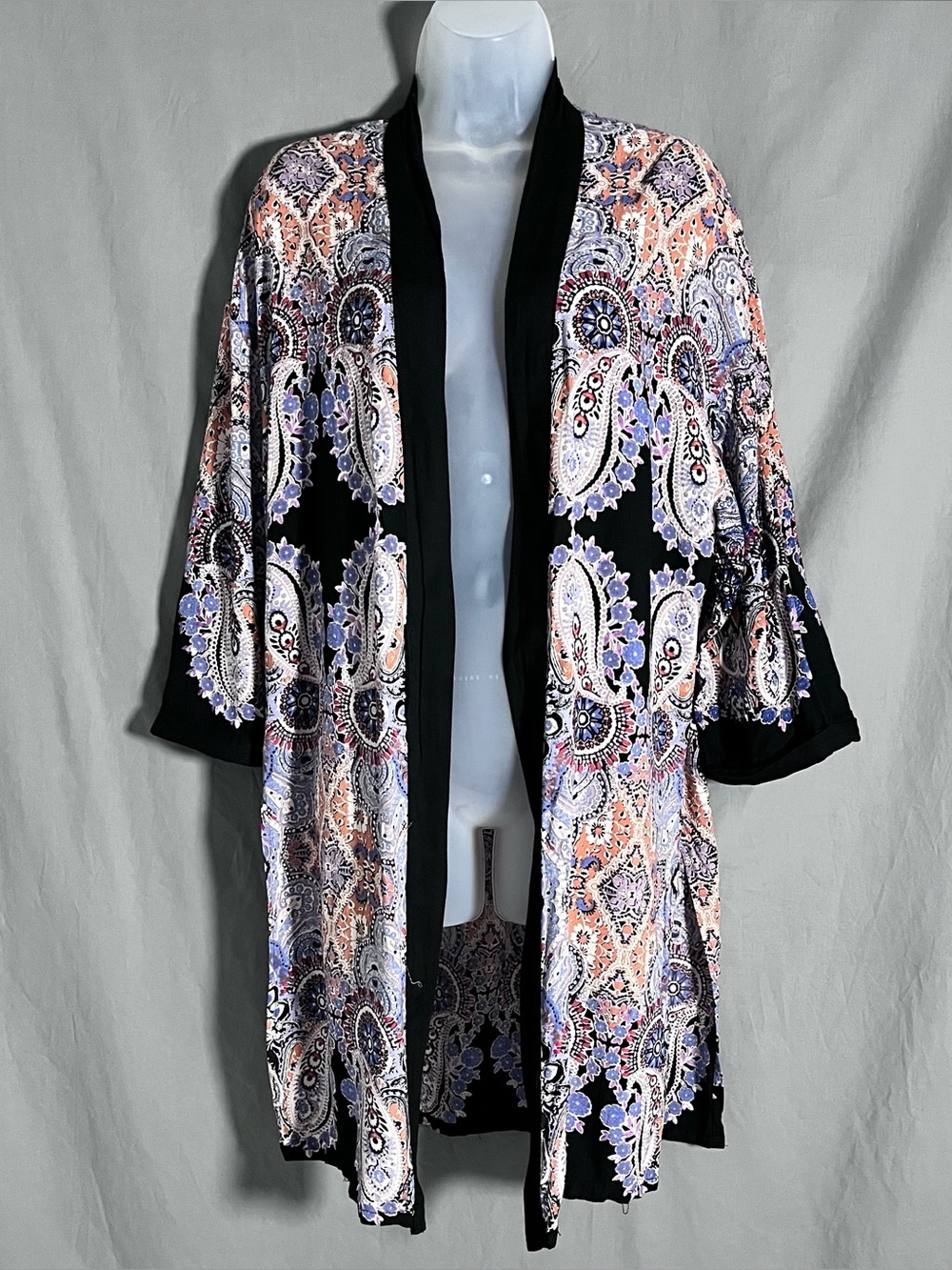 Angie Black Paisley Medallion Rayon Kimono Cardigan Duster L
